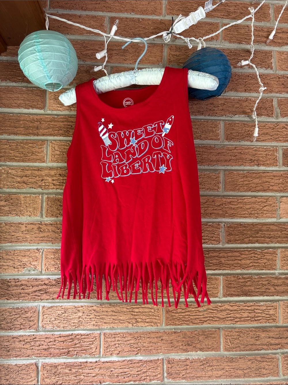 Wonder nation large 10/12 red fringe patriotic 4th of July tank top